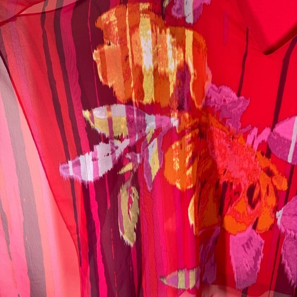 Colebrooke by Windsmoor Red Floral Stripe Poncho Blouse Size Small Sheer Overlay - Picture 4 of 12